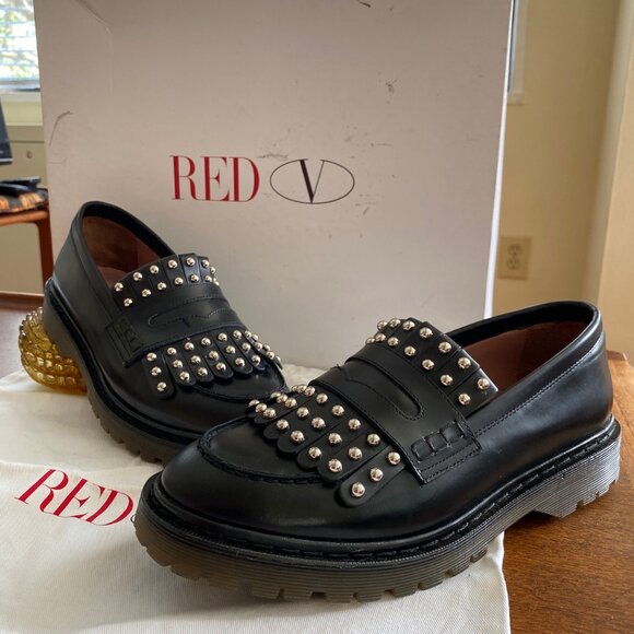 Red Valentino RED(V) women's black leather studded leather loafers